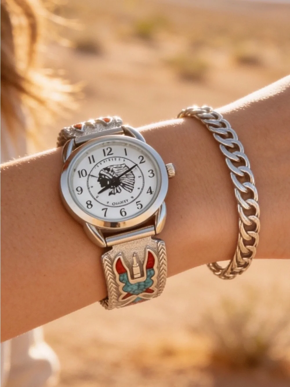 Woman’s Silver Navajo Thunderbird Turquoise/Coral Band Indian Liberty Coin Watch